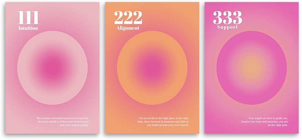 Poster print: Set of three 111, 222 and 333 spiritual-numerology posters with glowing pastel gradient circles and affirmation text.