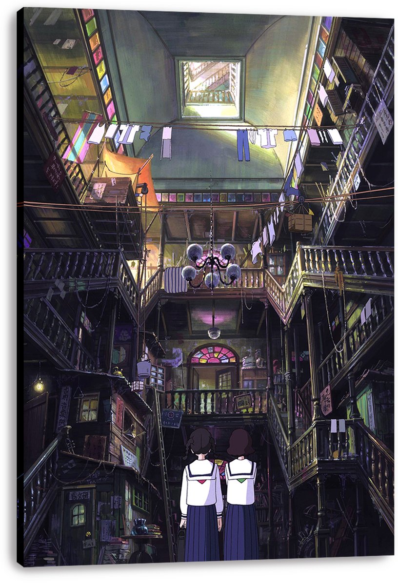 Enchanted Multi-Level Interior with Schoolgirls Decorative Painting (paper and canvas) art poster printing print