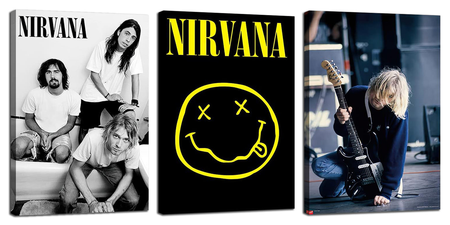 Nirvana (Logo - Smiley, Kurt, Krist & Dave In Bathroom, Kurt Live On Stage) 3 Piece Music (Paper and Canvas) Art Poster Printing Print