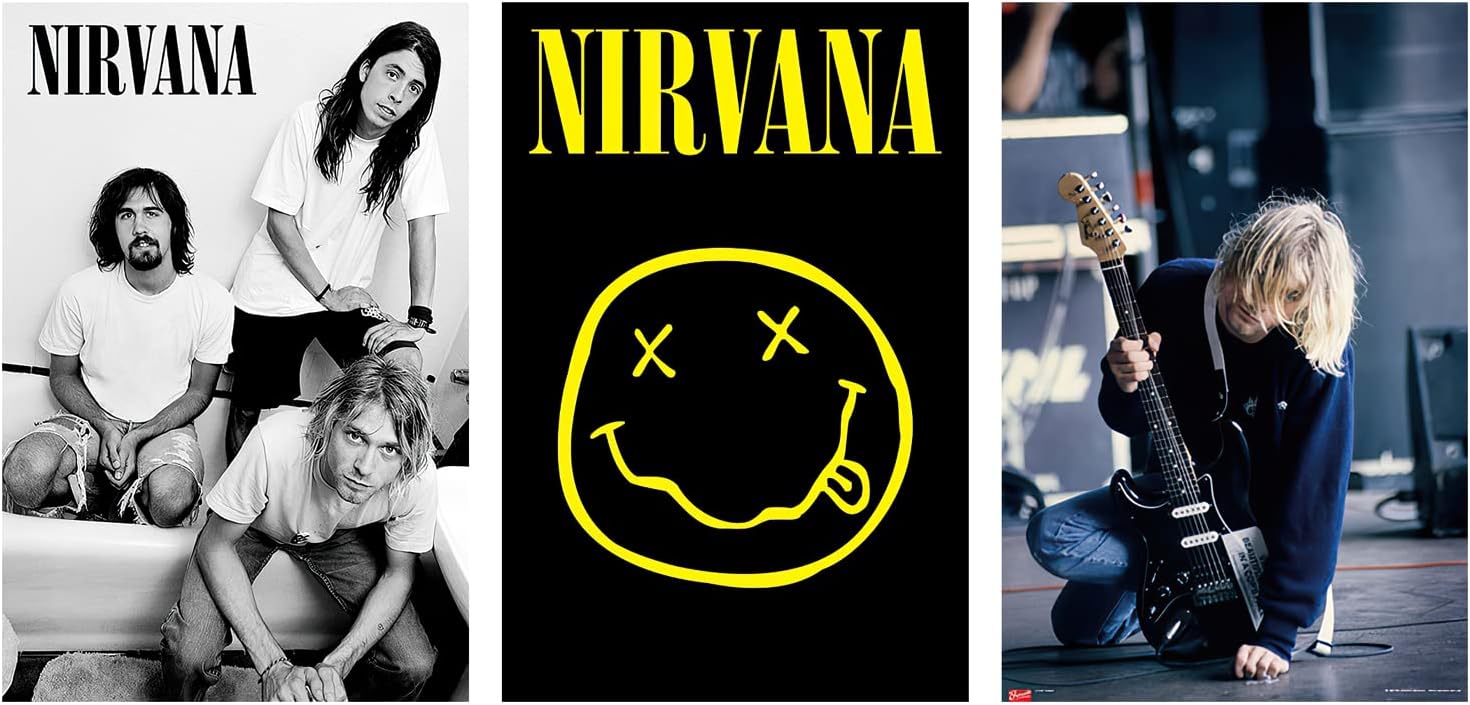 Nirvana (Logo - Smiley, Kurt, Krist & Dave In Bathroom, Kurt Live On Stage) 3 Piece Music (Paper and Canvas) Art Poster Printing Print