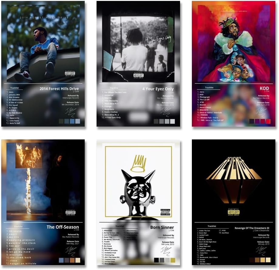 J Cole Poster Music Cover Signed Print Rapper Posters Set of 6 for (paper and canvas) art poster printing print
