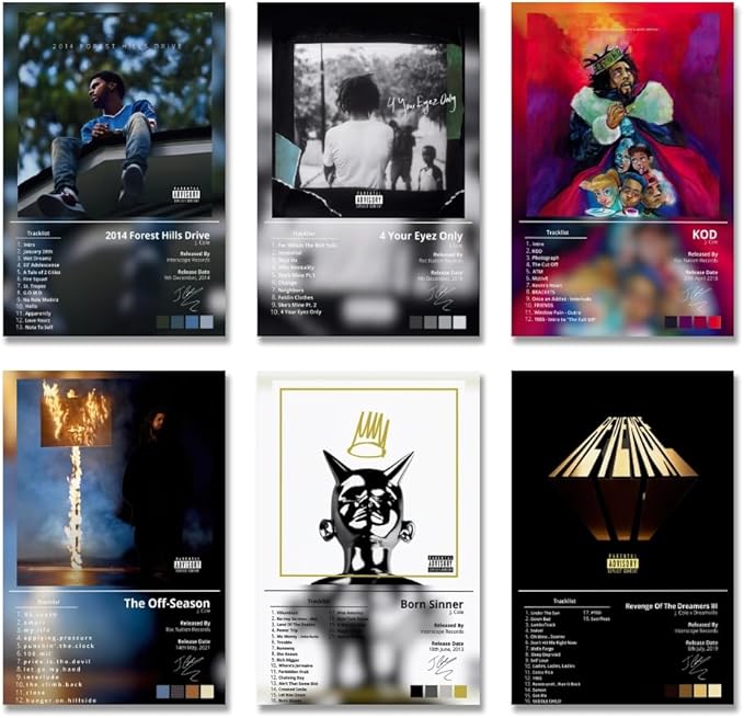 J Cole Music Cover Signed Print Rapper Posters Set of 6 for Living (paper and canvas) art poster printing print