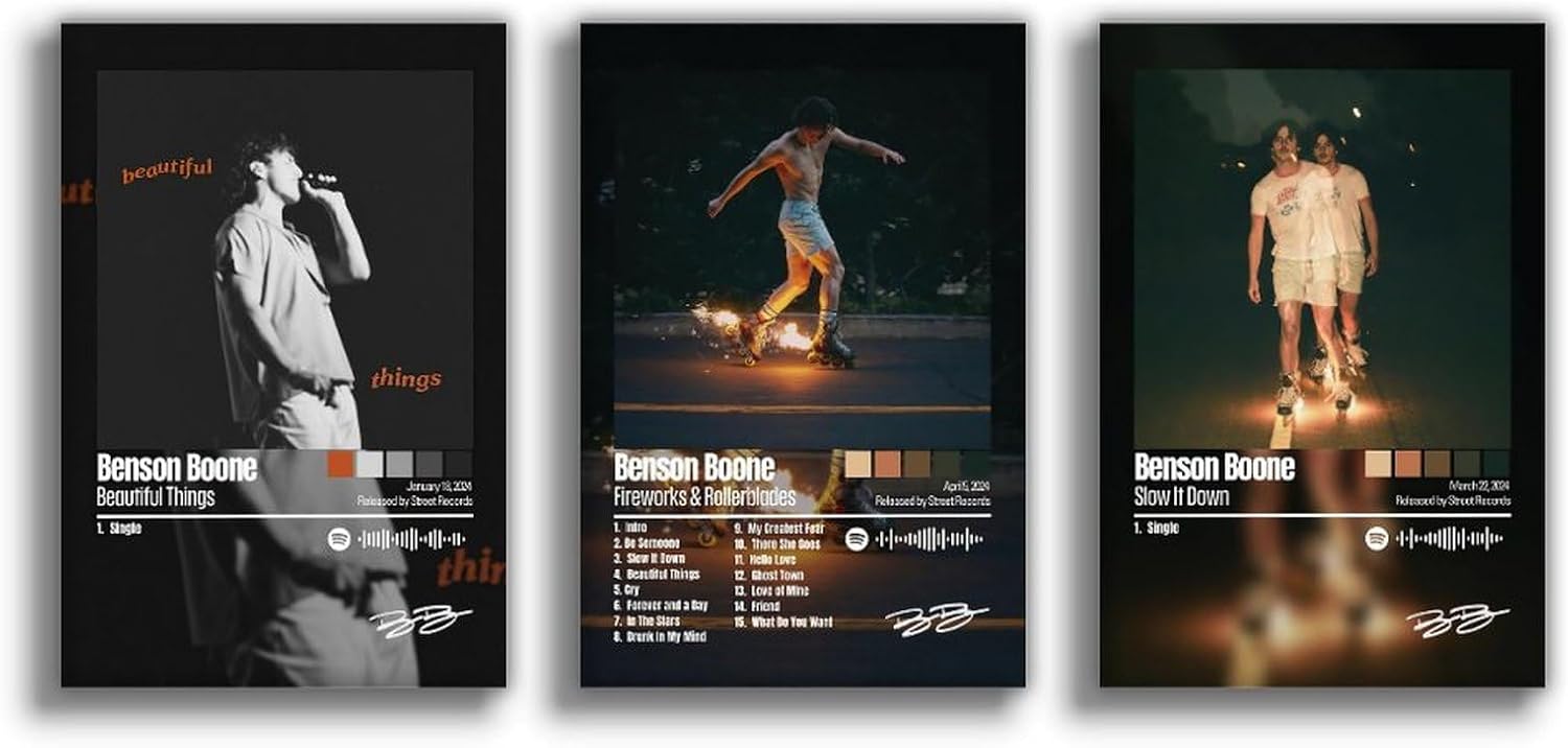 Benson Boone Poster Fireworks Rollerblades Poster Album 3 Piece Set (Paper and Canvas) Art Poster Printing Print
