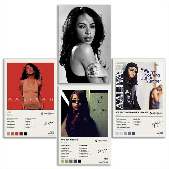 Aaliyah set of four poster overview with black-and-white, red, dark green, and pale blue portrait album-art designs.