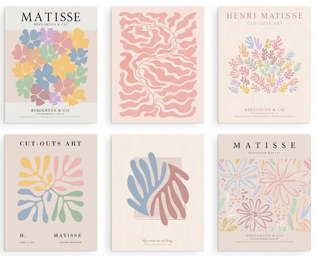 Poster set overview showing six portrait abstract botanical designs with pastel cut-out leaves, flowers, linework and serif typography.
