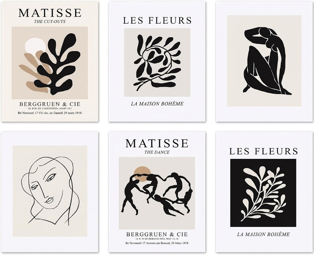 Six-piece abstract botanical and figure poster set overview with cream and black panels, line portraits, dancers and serif typography.