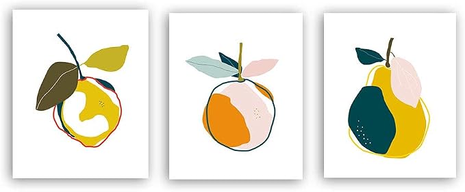 Overview of the Abstract Citrus Forms set of 6 poster collection, showing three white-ground fruit designs with leaves and colourful organic shapes.