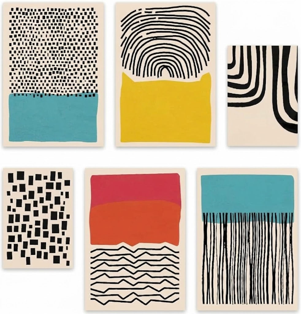Poster set overview showing six cream abstract graphic posters with black grids, arcs, stripes, and teal, mustard, red, and orange blocks.