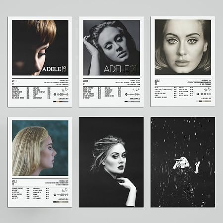 Adele poster set overview showing six portrait designs in a 3-by-2 arrangement with dark photography and ticket-style text panels.
