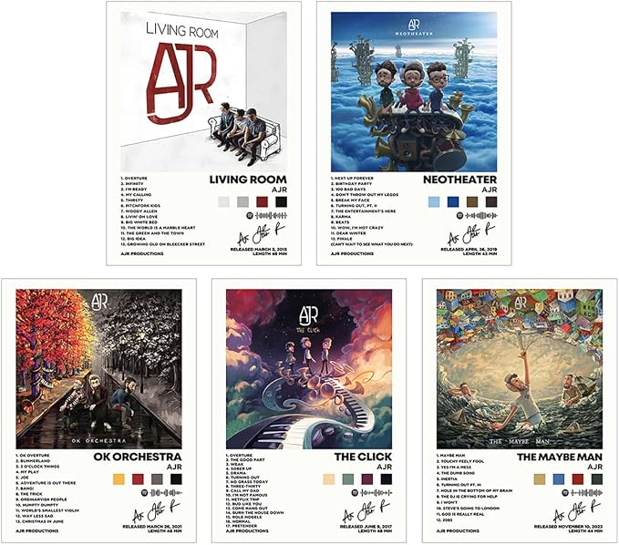 AJR album artwork poster set overview showing four portrait designs for Living Room, Neotheater, OK Orchestra and The Maybe Man