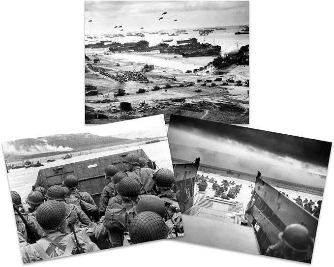 Amphibious landing poster set of three showing a fleet-lined shoreline, soldiers in a landing craft, and troops entering shallow water.