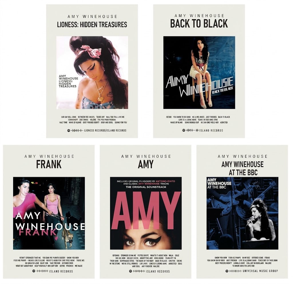 Amy Winehouse poster set overview showing five cream-bordered portrait designs for Lioness, Back to Black, Frank, Amy, and BBC artwork.