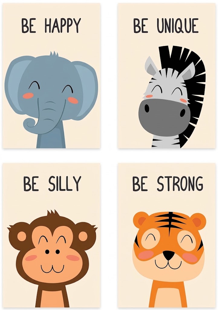 Poster set overview showing four cream nursery designs: elephant, zebra, monkey, and tiger with positive affirmations.