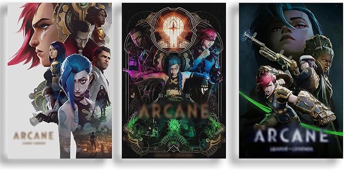 Arcane set of 3 poster overview with a pale character montage, gold circular emblem design, and dark trio crossed by green light.