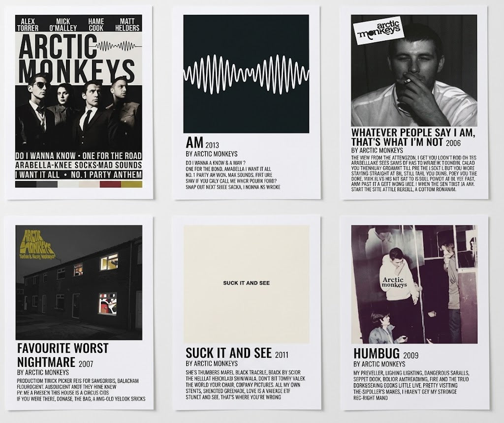 Poster print: Overview of five Arctic Monkeys posters featuring album-inspired titles, song lists, monochrome photography, a waveform and muted colour blocks.