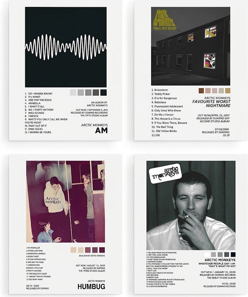 Arctic Monkeys poster set overview showing four portrait album designs for AM, Humbug, Favourite Worst Nightmare and the 2006 debut.