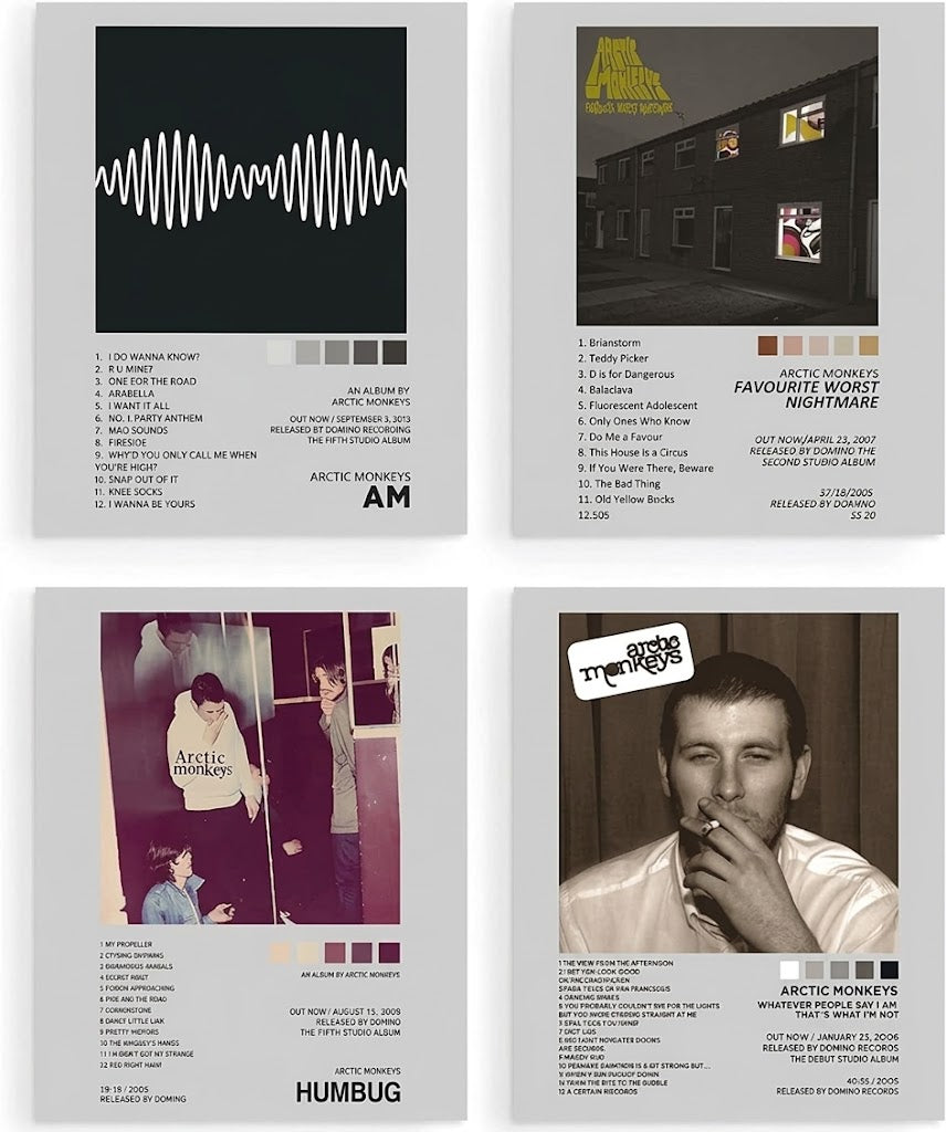 Arctic Monkeys poster set overview showing four portrait album-inspired designs for AM, Humbug, Favourite Worst Nightmare and debut-era artwork.