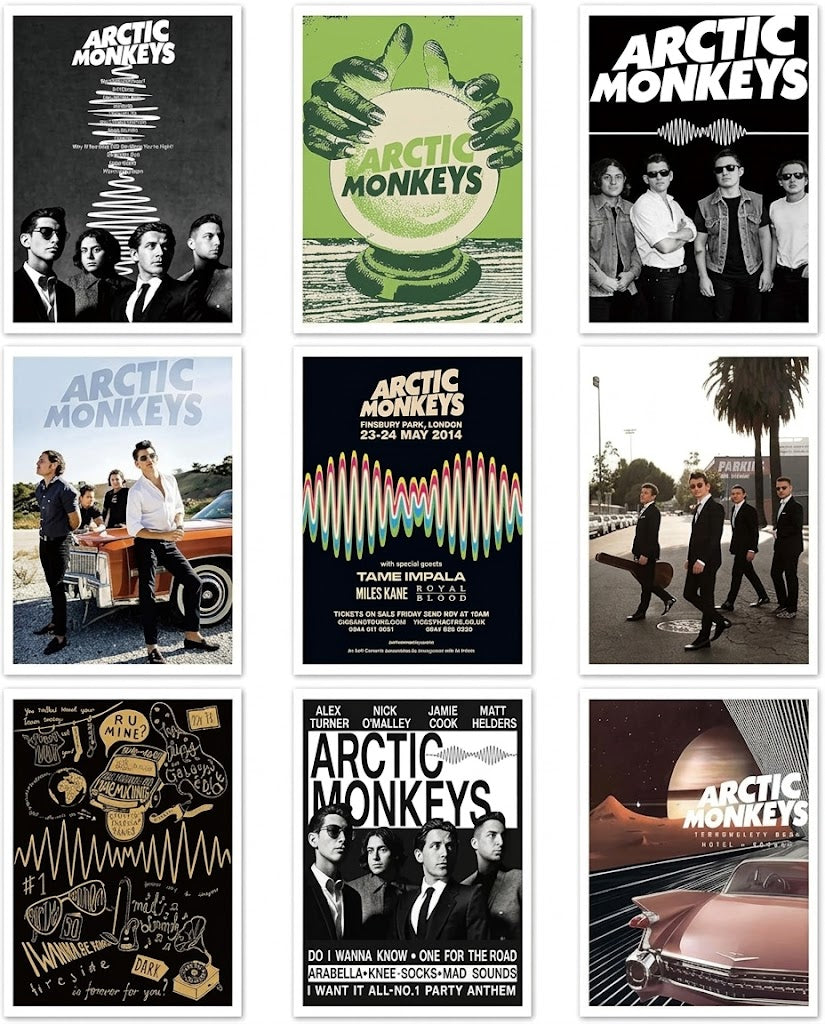 Arctic Monkeys set of nine portrait poster designs with band photos, waveform lines, concert typography, crystal ball and retro space-age scenes.
