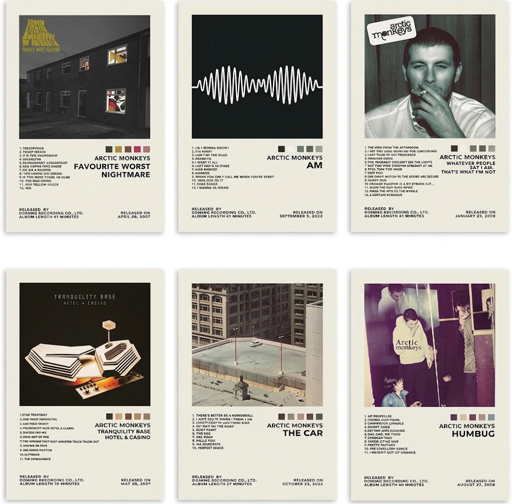 Arctic Monkeys poster set overview showing six portrait album designs with cover art, track lists, color swatches and off-white borders.