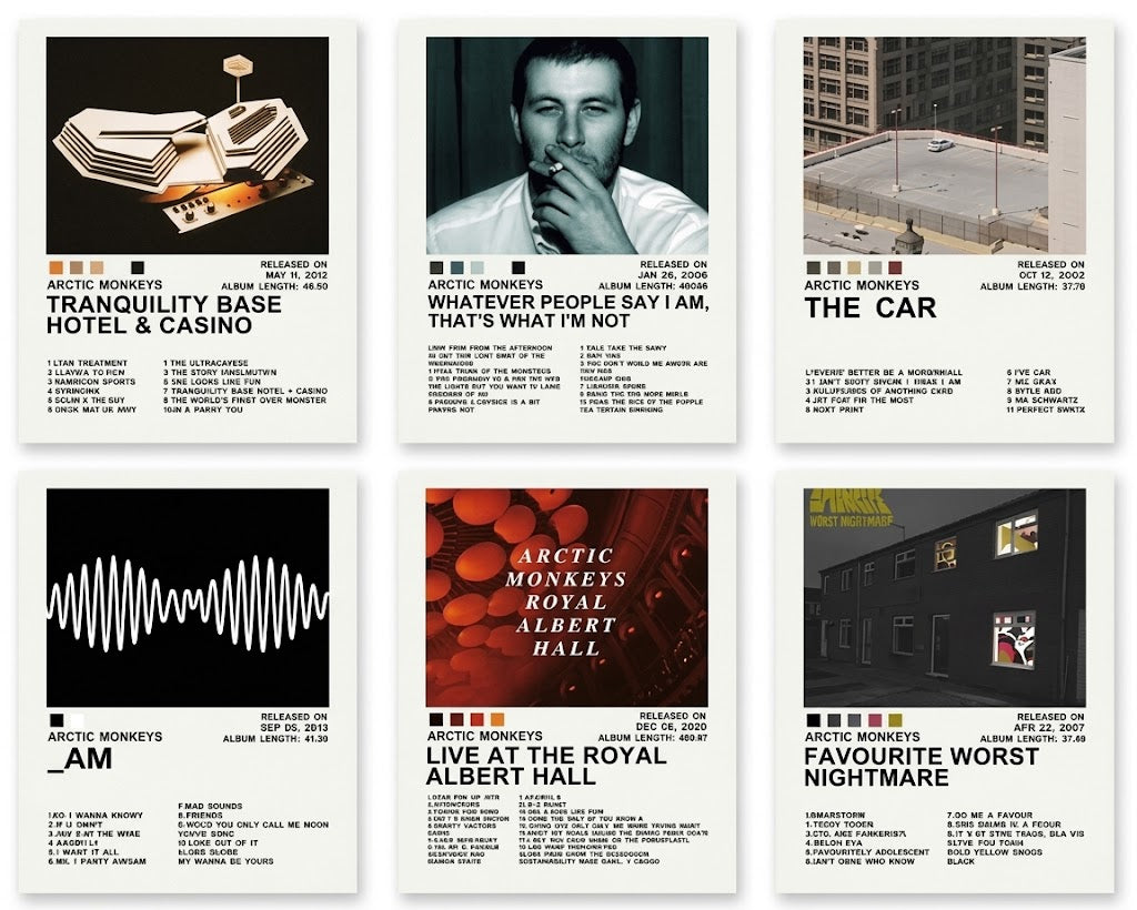 Arctic Monkeys poster set overview showing six portrait album designs in a three-by-two grid with cover art and track lists.