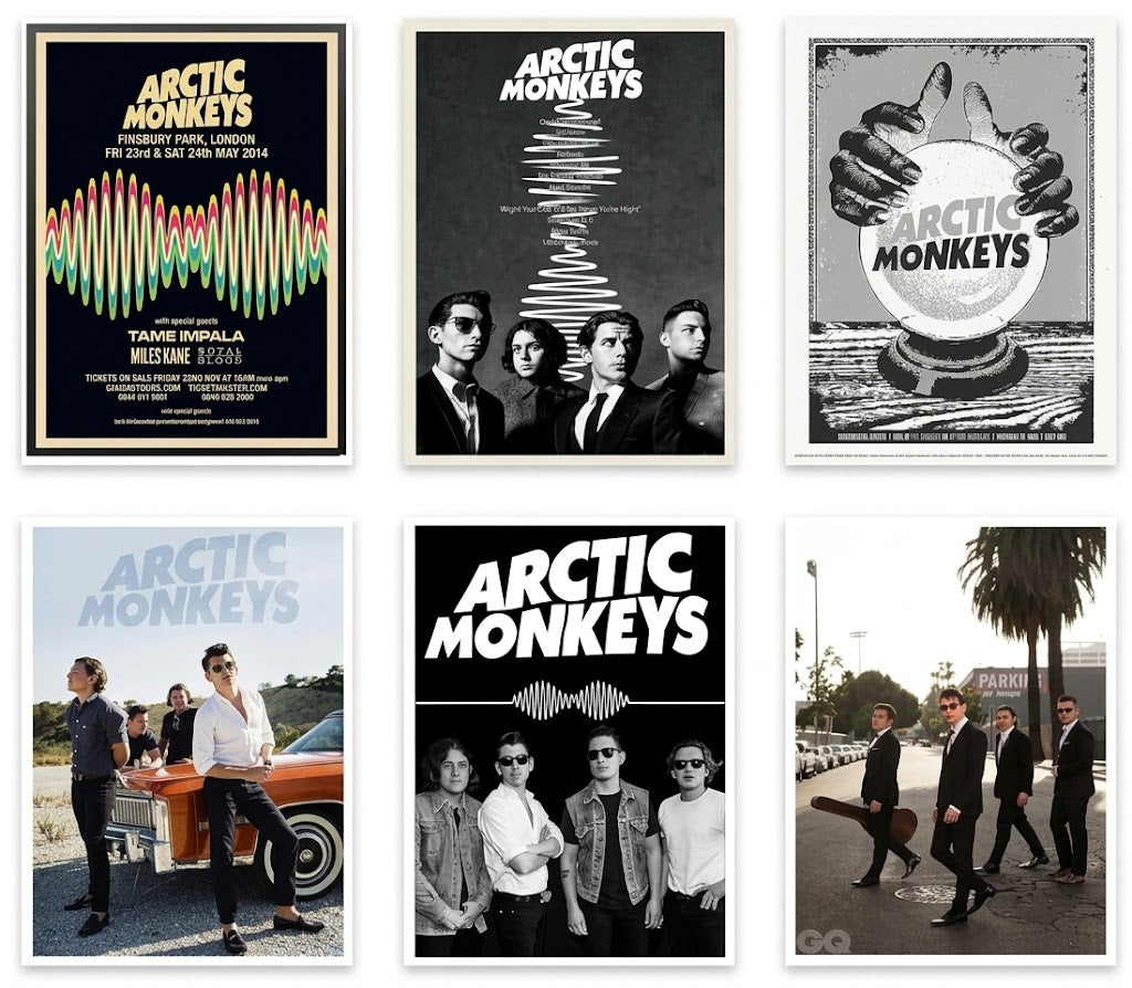 Arctic Monkeys poster set overview showing six portrait-format concert, portrait and retro graphic designs arranged in a two-by-three grid.