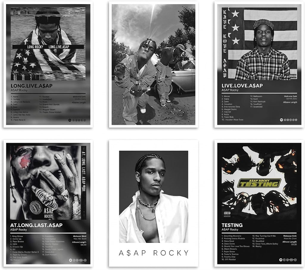 A$AP Rocky poster set overview showing six album-style prints with black-and-white portraits, tracklists and bold typographic titles.
