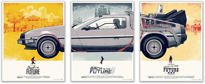 Back to the Future set of three poster designs showing a silver sports car in side and rear views with retro urban backdrops.