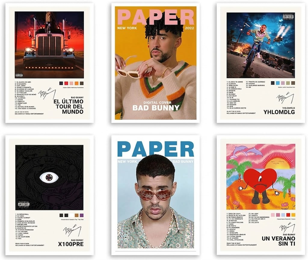 Poster-set overview of six Bad Bunny album-inspired and PAPER cover-style designs with portraits, a truck, bicyclist, eye, and heart character.