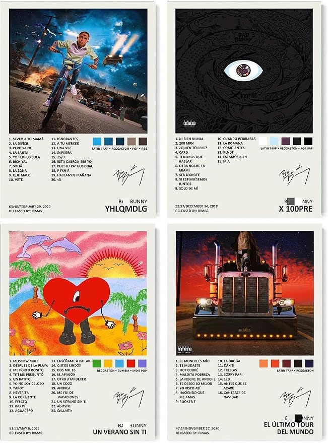 Bad Bunny album cover poster set overview showing four designs with a cyclist, illustrated eye, tropical heart, and semi truck.