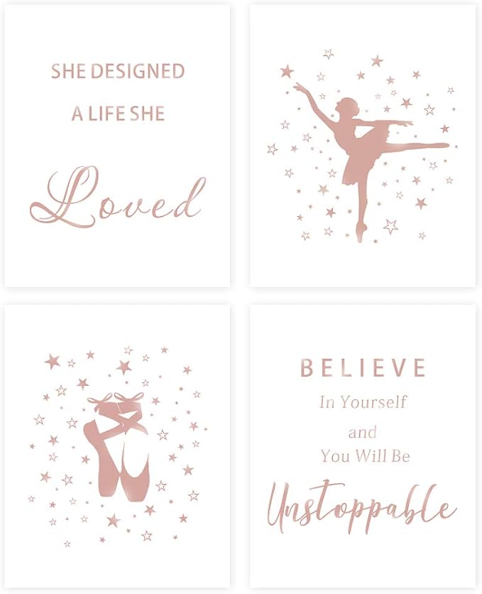 Poster set overview showing four white ballet designs with blush silhouettes, pointe shoes, stars, and inspirational lettering.
