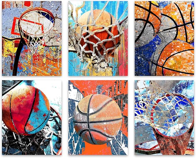 Poster set overview showing six vertical basketball designs with orange balls, hoops, nets, distressed textures and bold cyan, red and black graphics.