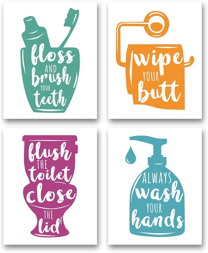 Poster print: Overview of four bathroom hygiene posters featuring a toothbrush, toilet paper, toilet, and soap dispenser in colorful flat designs.
