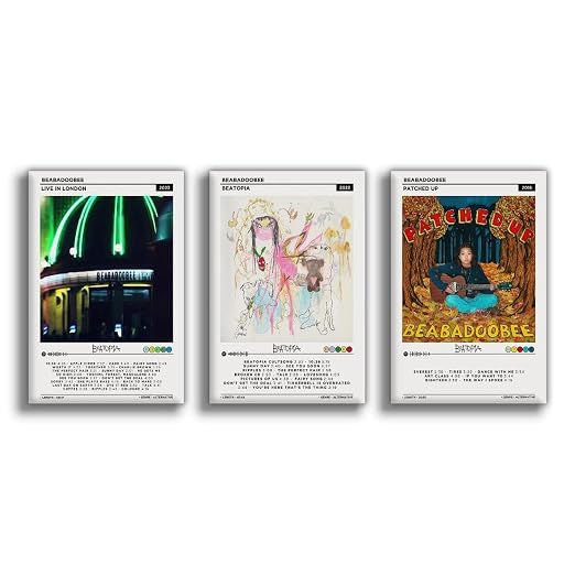 Poster print: Overview of a beabadoobee set of three posters with a neon building, pastel Beatopia figure, and musician with guitar in woodland collage.