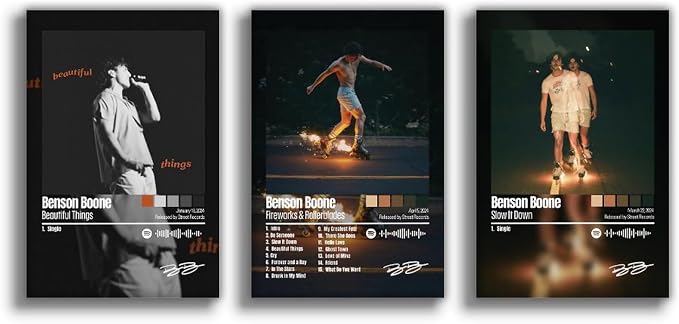 Benson Boone poster set overview showing three vertical dark music designs with portraits, skateboards, spotlight imagery, and graphic text.