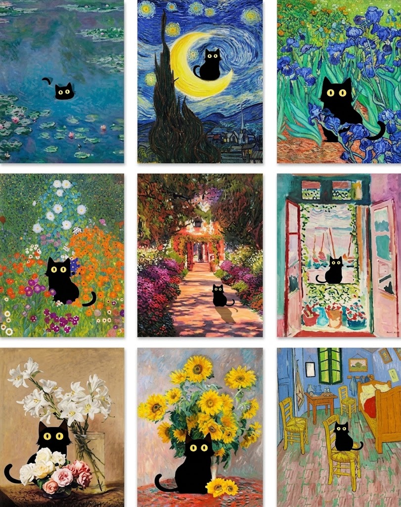 Poster set overview showing nine portrait designs of black cats with large yellow eyes in colorful painted gardens, interiors and landscapes.