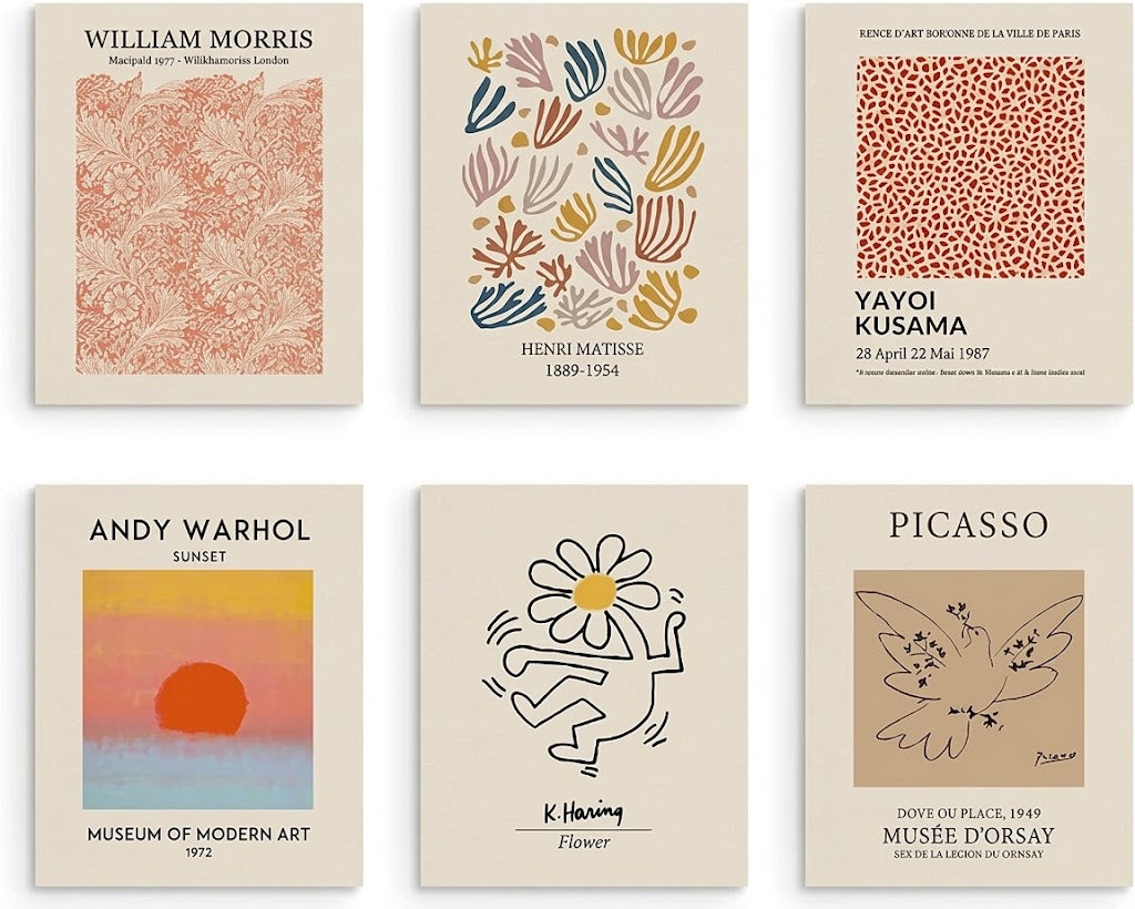 Poster set overview showing six cream-background modernist art designs with botanical patterns, abstract forms, a sunset, figure, and dove.