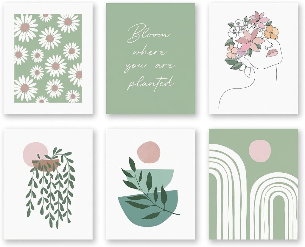 Poster set overview showing six portrait botanical and abstract designs with daisies, foliage, leafy vessels and colorful arches.