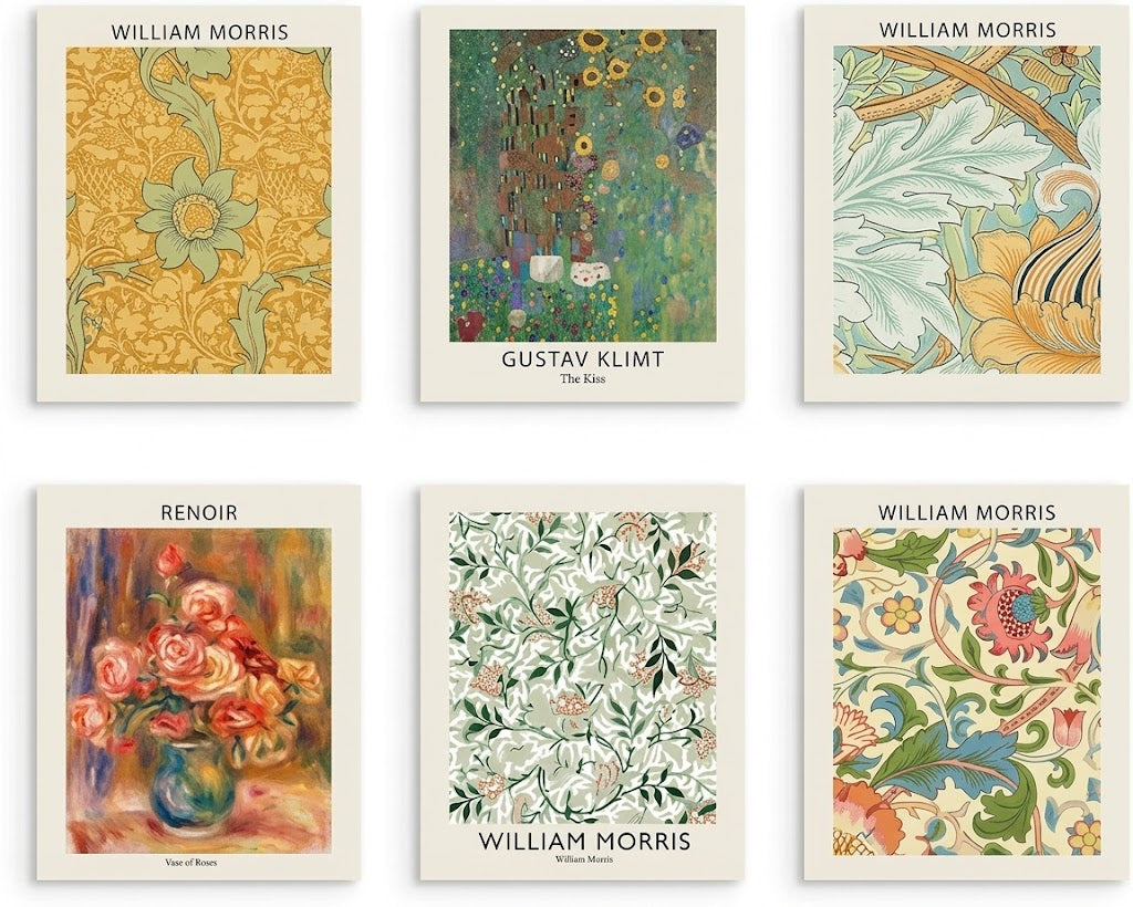 Botanical Masters set of 6 poster overview showing six portrait designs with Morris patterns, Renoir roses and Klimt's The Kiss.