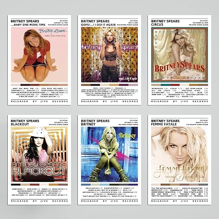 Britney Spears set of six poster designs shown in a 3-by-2 grid, with portrait imagery and album-style typography for six named releases.