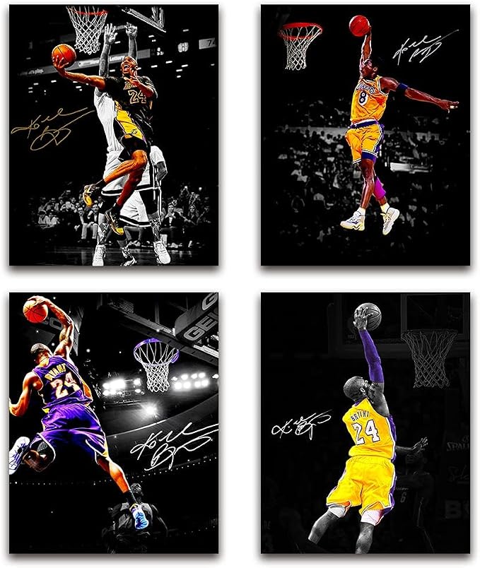 Poster print: Overview of four Bryant Lakers basketball posters showing an airborne player near the hoop in yellow and purple number 24 and 8 uniforms.
