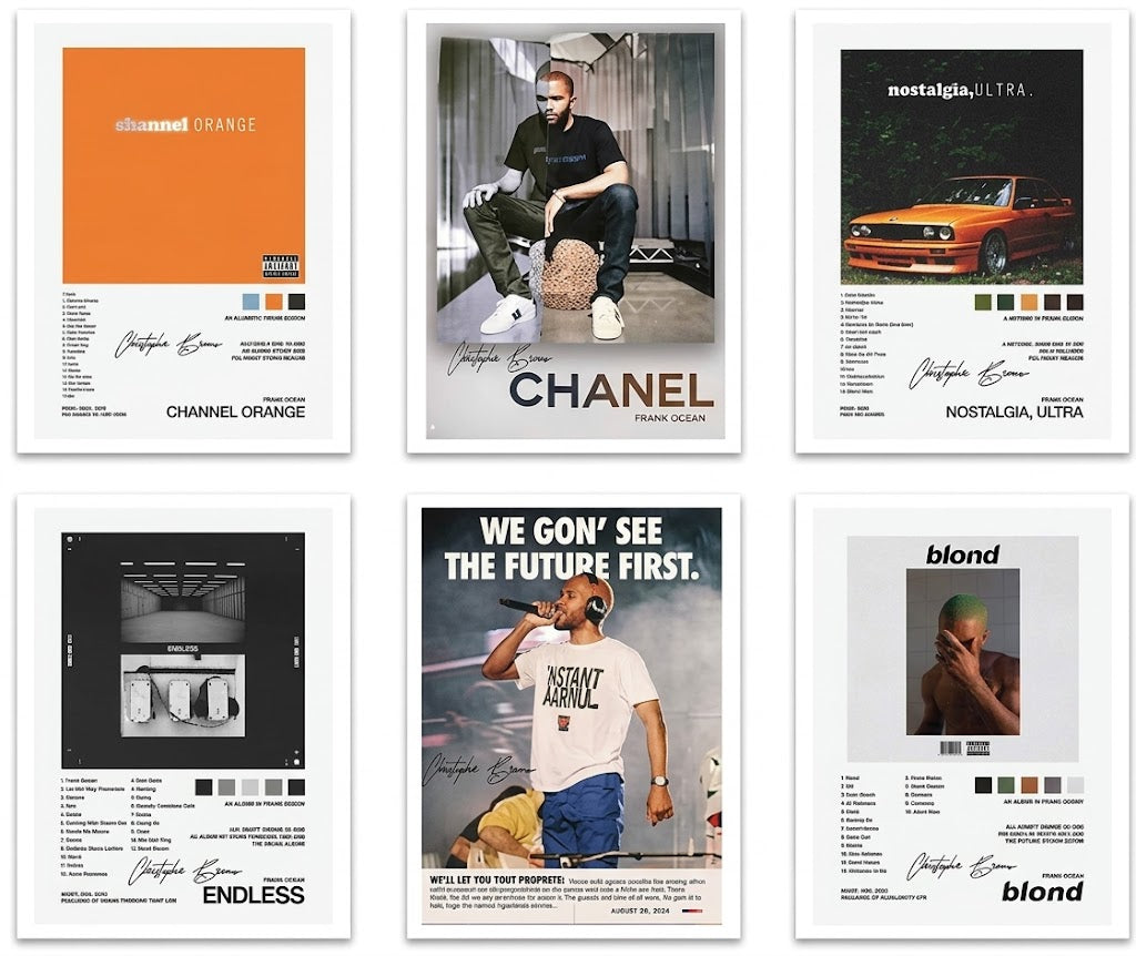 Poster set overview showing six vertical music-themed designs with Channel Orange, Blond, Nostalgia, Ultra, Endless text, portraits and vehicle imagery.