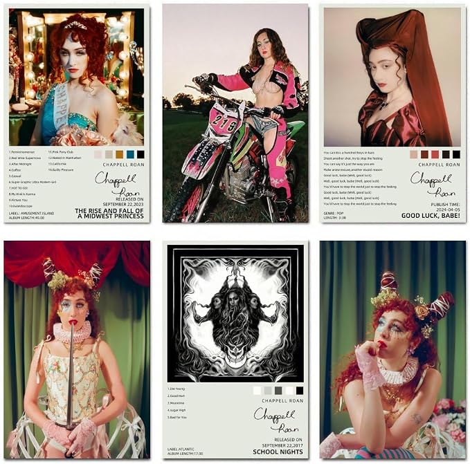 Chappell Roan set of six poster overview with theatrical portraits, a motocross rider, and a mirrored black-and-white fantasy design.