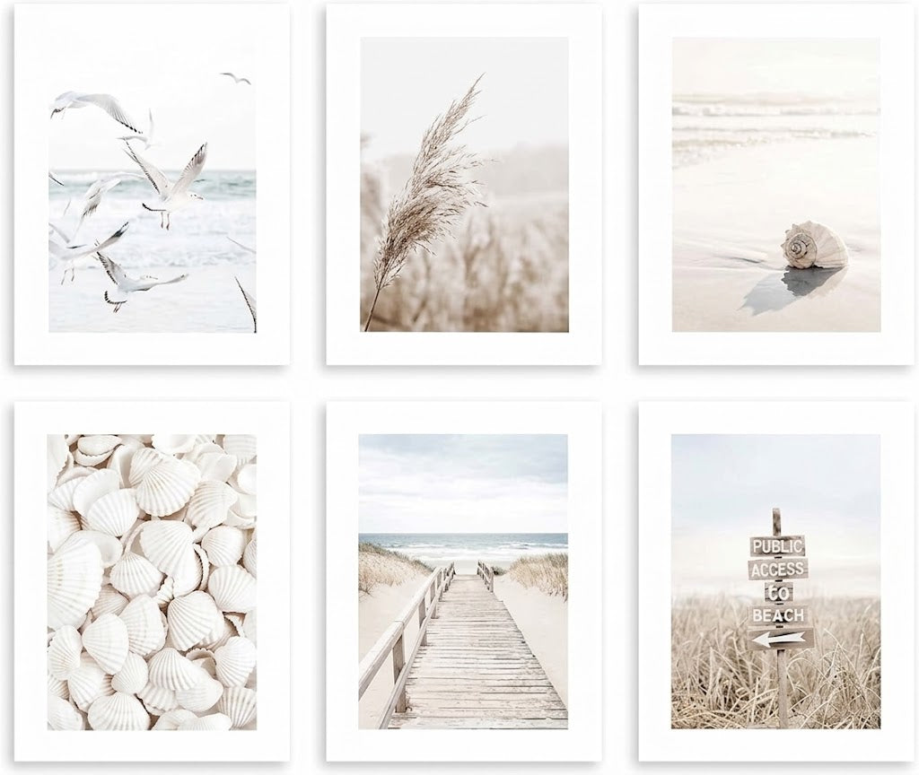 Coastal photography poster set overview with six portrait prints of seabirds, shells, dune grass, boardwalk, surf, and beach sign.