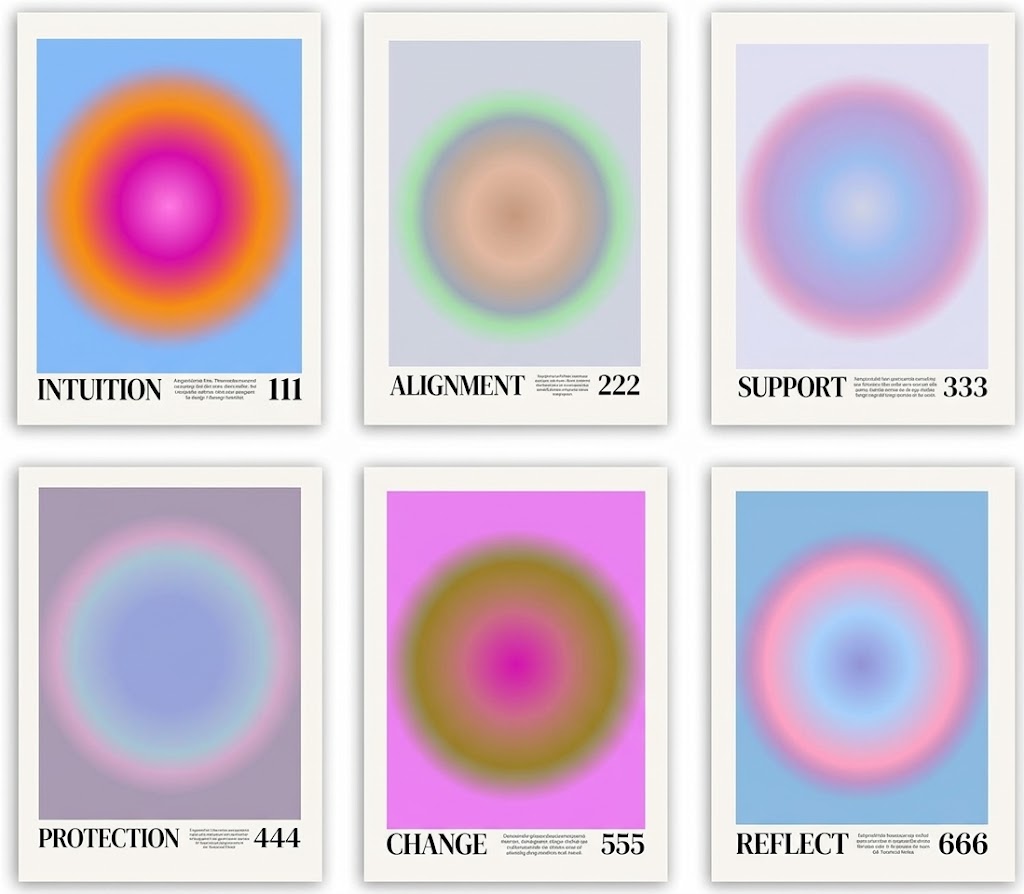 Concentric gradient typography poster set overview showing six portrait designs with blurred circles, bold titles, and numbered captions.