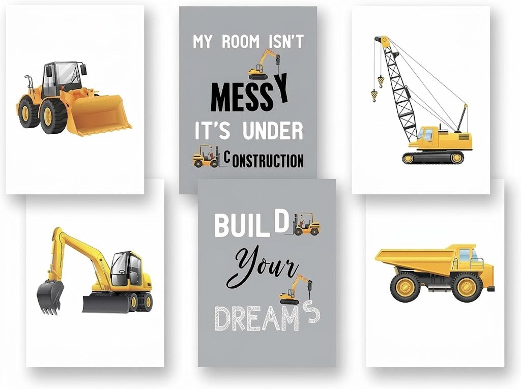 Construction vehicle poster set overview showing six portrait designs with a wheel loader, excavator, crane, dump truck, and bold text art.