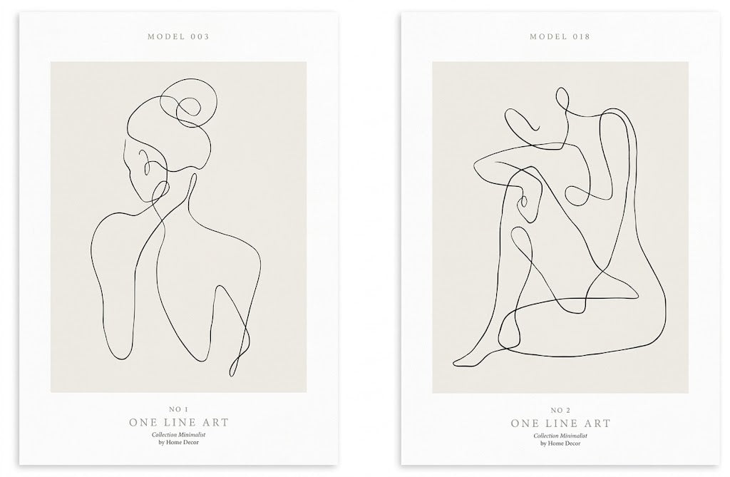 Continuous-line figures poster set of 2, showing a stylized profile bust and seated abstract figure on warm ivory portrait designs.