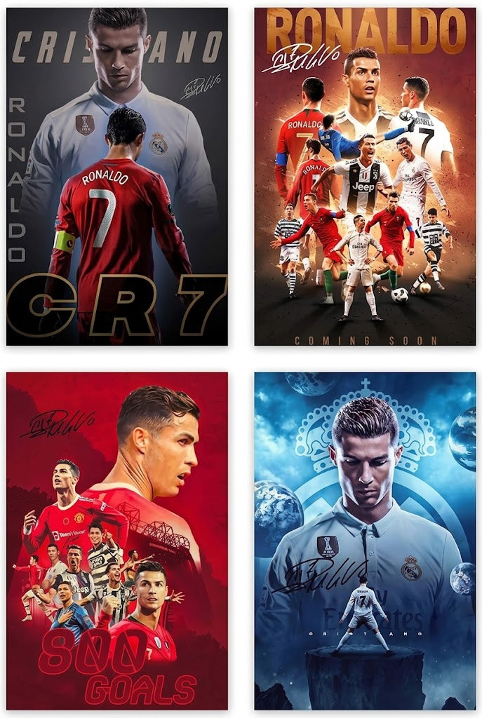 Cristiano Ronaldo CR7 tribute poster set overview with four vertical football designs in blue, orange and red, featuring portraits, action poses and number 7 graphics.