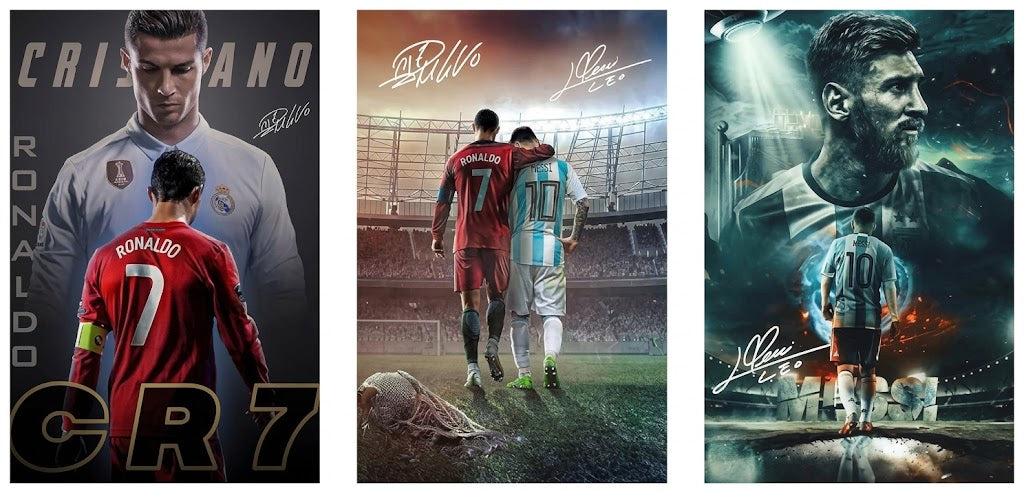 Cristiano Ronaldo and Lionel Messi Set of 3 poster overview showing three vertical football portraits with layered stadium scenes and bold lettering.