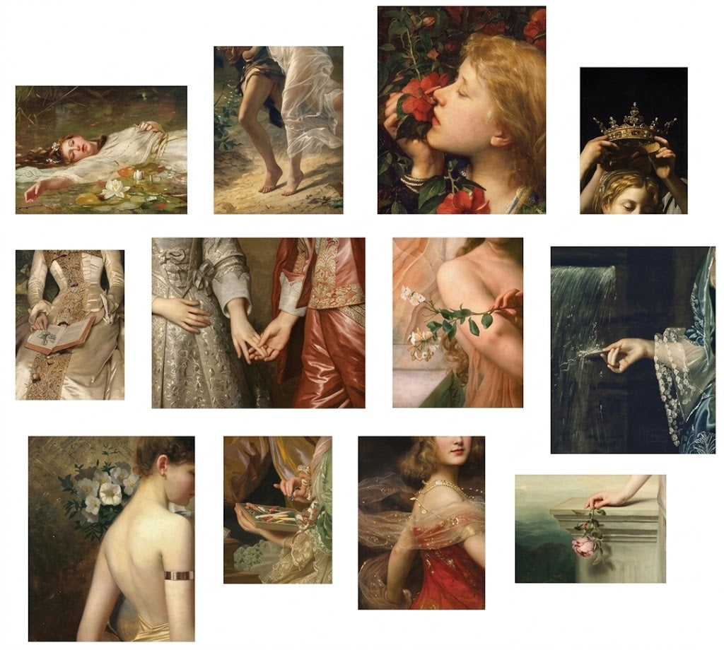 Poster set overview showing 12 cropped classical figurative designs with women, hands, flowers, ornate clothing, jewelry, crowns, and a fallen rose.