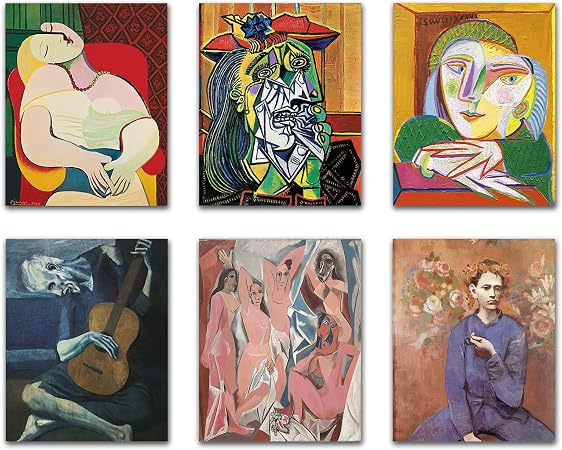 Poster set overview showing six vertical cubist and modernist artworks with female figures, portraits, a guitarist and nude forms.